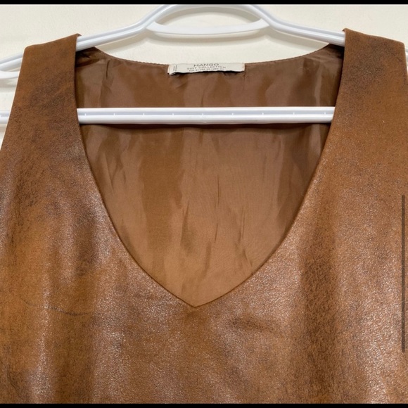Mango Sueded Fringe Tank Top Sleveless V-Neck Vegan Brown Distressed Hippie Boho - Picture 4 of 9